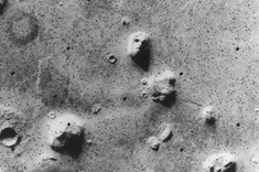 The original 'Face on Mars' image taken by NASA's Viking 1 orbiter, in grey scale, on July, 25 1976. Image shows a remnant massif located in the Cydonia region. 